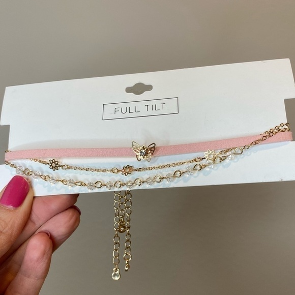 NEW Full Tilt 3 Piece Choker Necklace Set Butterfly Flower Pink Gold Whimsigoth - Picture 3 of 6